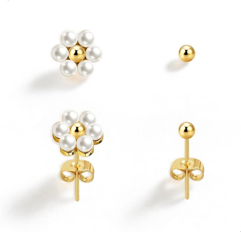 IMBOS Pearl Earrings 14k Gold Plated Daisy Flower Stud Earrings for Women Ball Stud Flat Back Earring Hypoallergenic Statement Earring Trendy Jewelry Gift for Women - Image 1